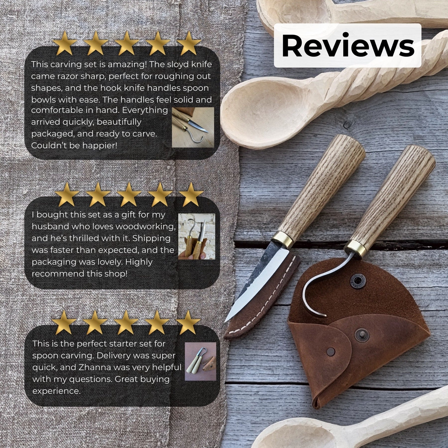 2-Piece Spoon Carving Knife Set with Leather Sheaths