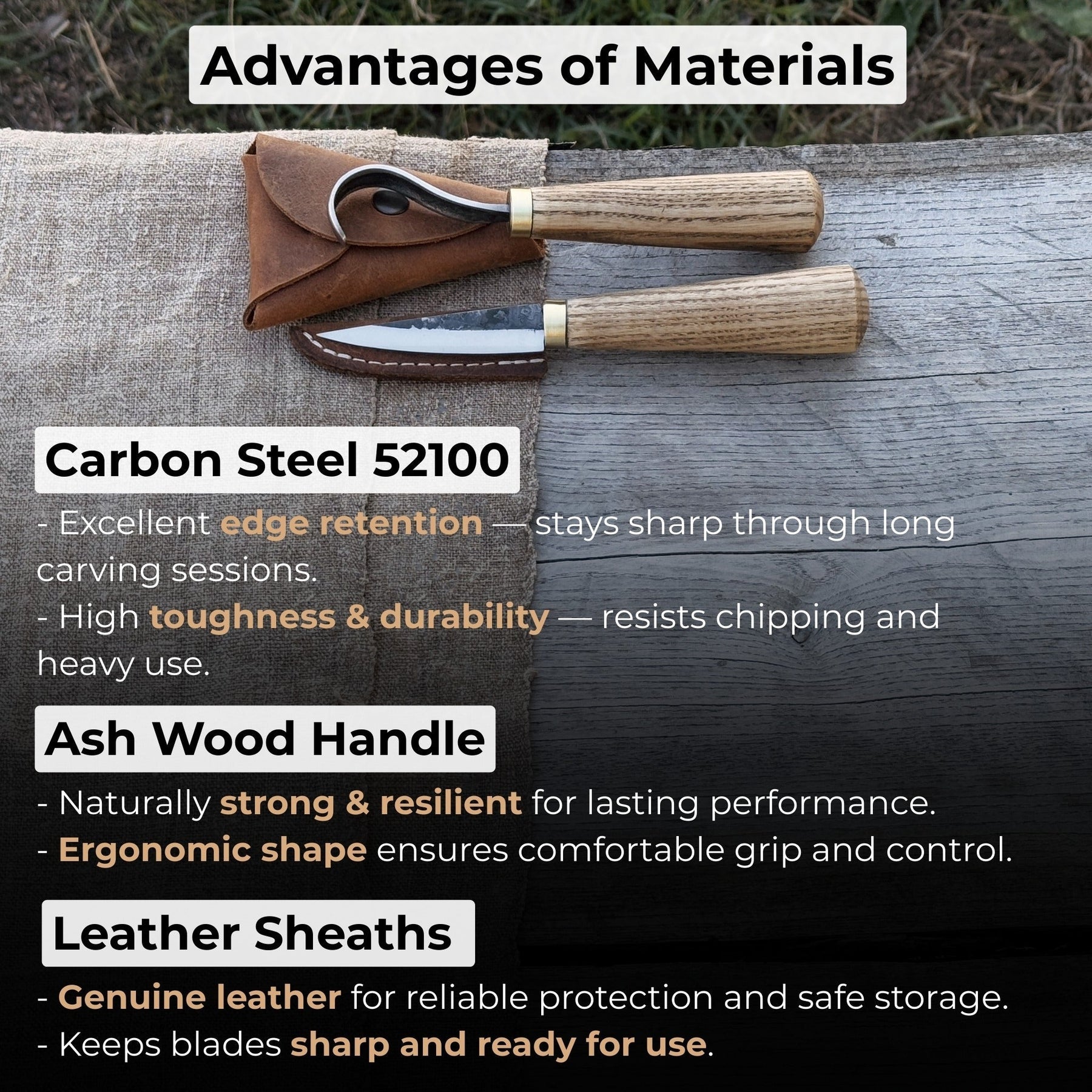 2-Piece Spoon Carving Knife Set with Leather Sheaths