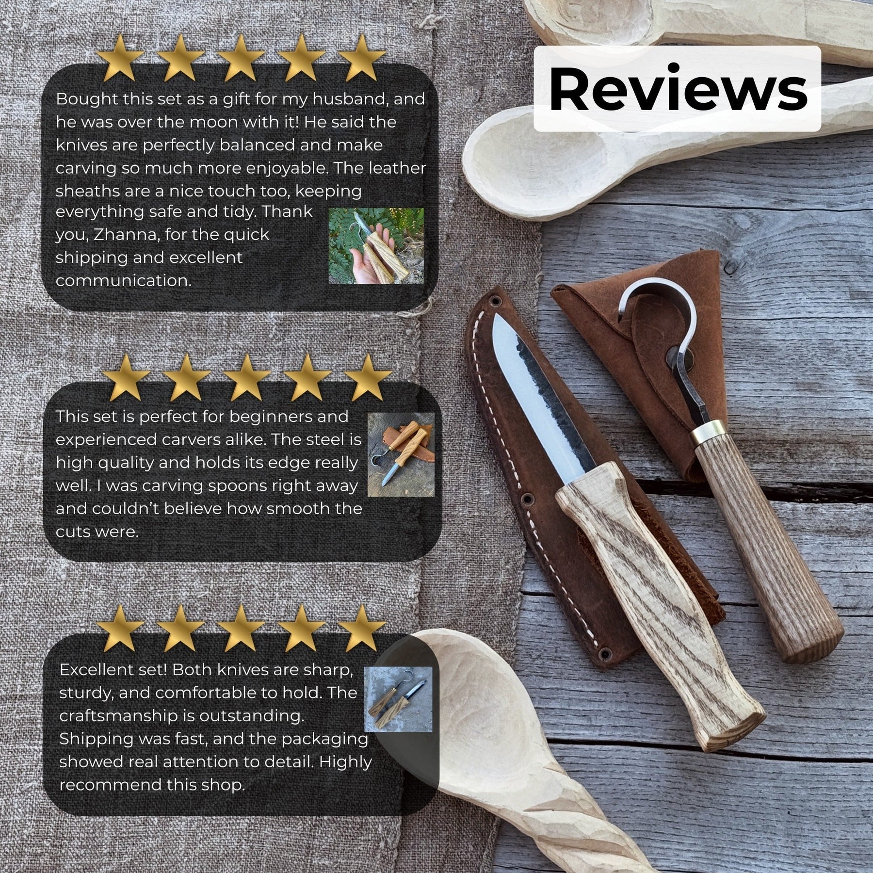 2-Piece Spoon Carving Knife Set with Leather Sheaths