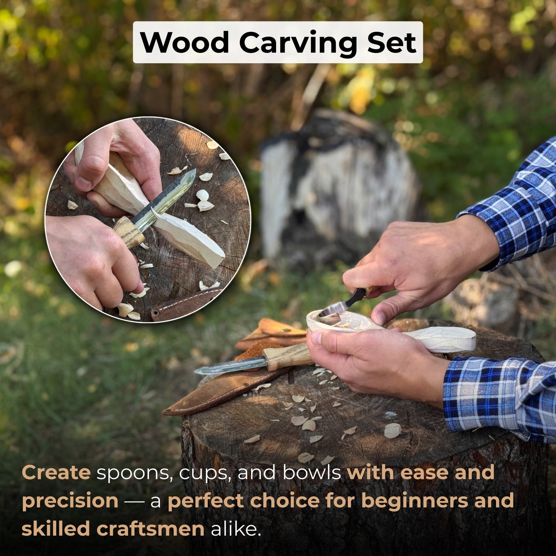 2-Piece Spoon Carving Knife Set with Leather Sheaths