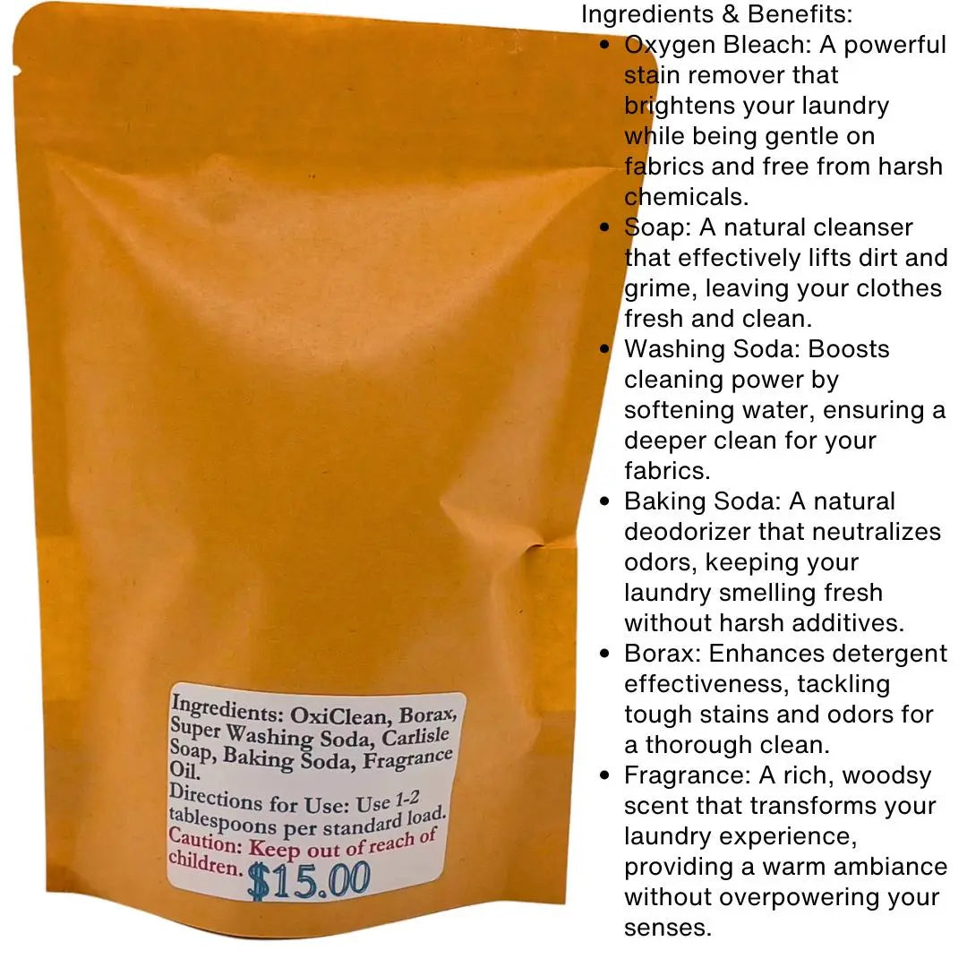 Brown kraft bag of laundry detergent with ingredient list, directions, and a price of $15.00.