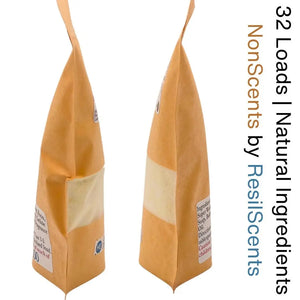 Two bags of NonScents laundry detergent with visible ingredients through a clear window, showcasing size and eco-friendly packaging.
