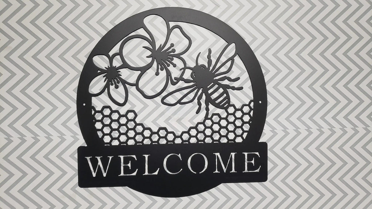 Honey Bee Welcome Sign – Metal Wall Art, Bee Decor for Porch, Garden, Entryway, Custom Steel Welcome Plaque detail view by