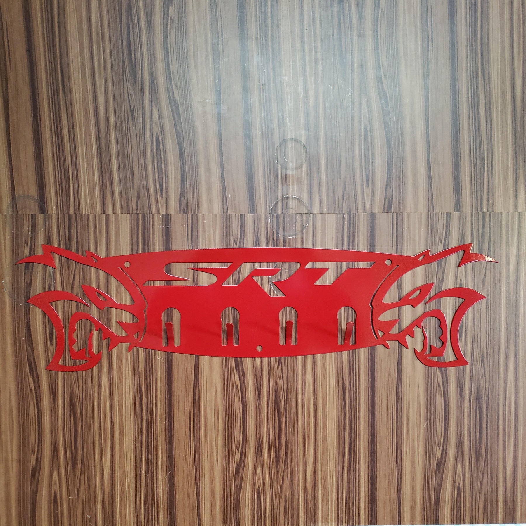Dodge SRT Hellcat 4-Hook Steel Rack – Dual Hellcat Heads Wall Organizer 12"x4" SRT Text