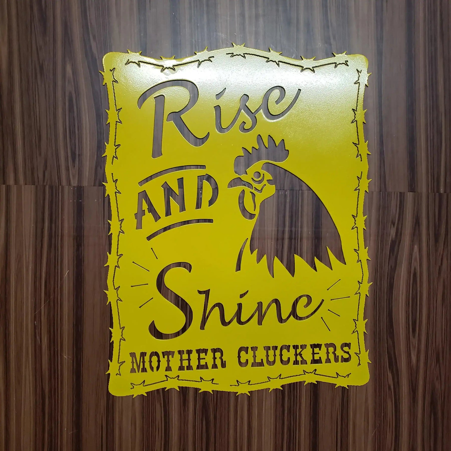 Rise and Shine Mother Cluckers Metal Sign – Rooster or Hen Design – Funny Farmhouse Wall Art with Barbed Wire Edge – 18"x14"