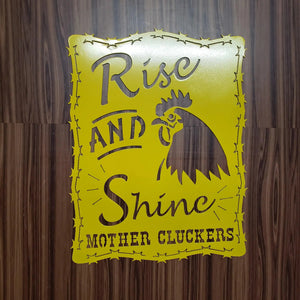 Rise and Shine Mother Cluckers Metal Sign – Rooster or Hen Design – Funny Farmhouse Wall Art with Barbed Wire Edge – 18"x14"