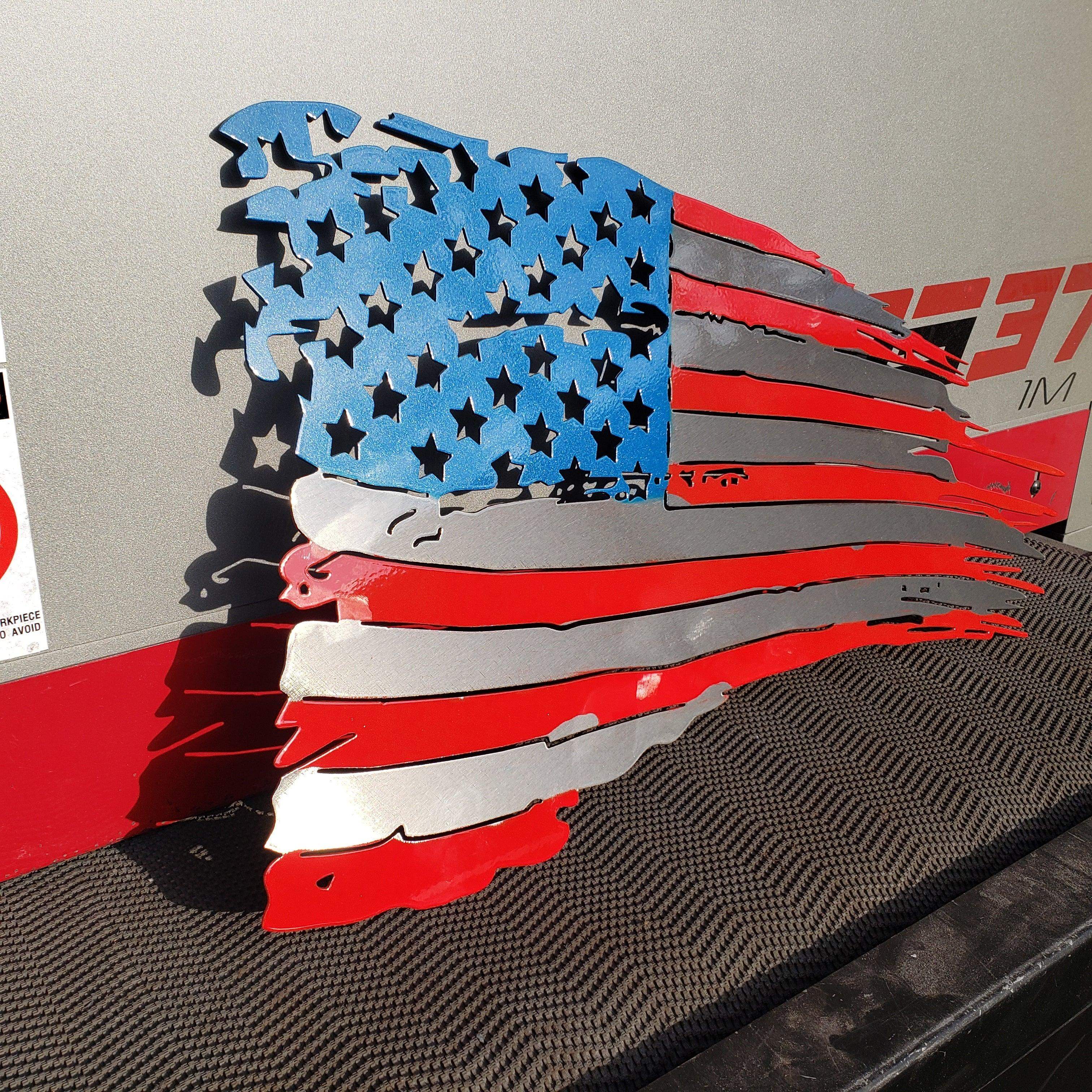 Tattered American Flag Metal Wall Art – Plasma Cut 24"x14" – Patriotic Decor – Color or Heat Treated Finish