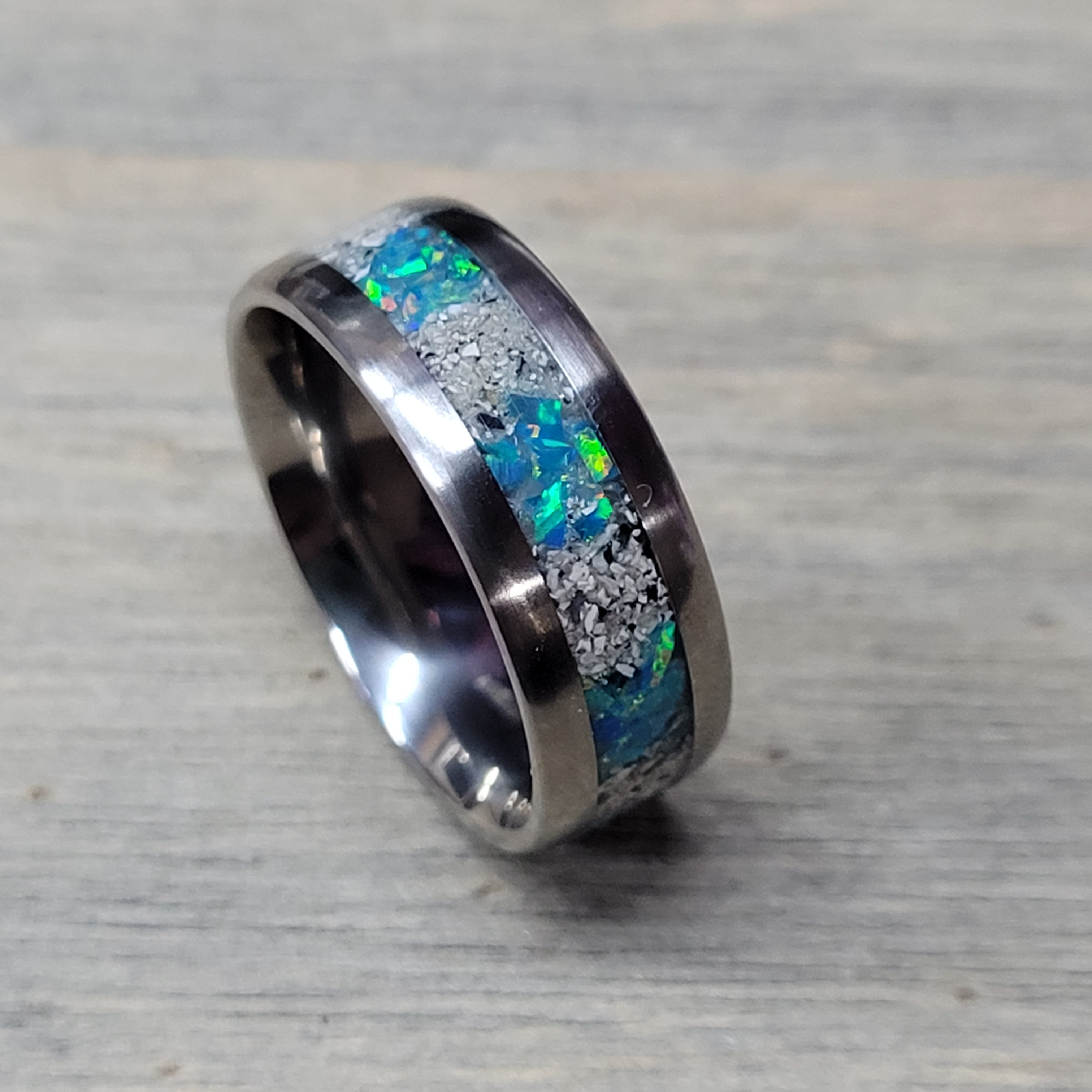 The Lost Luna Memorial Ring - Cremation Ash and Opal - Glow-in-the-Dark - Titanium by Cotton Street Art Company, handmade jewelry main product photo