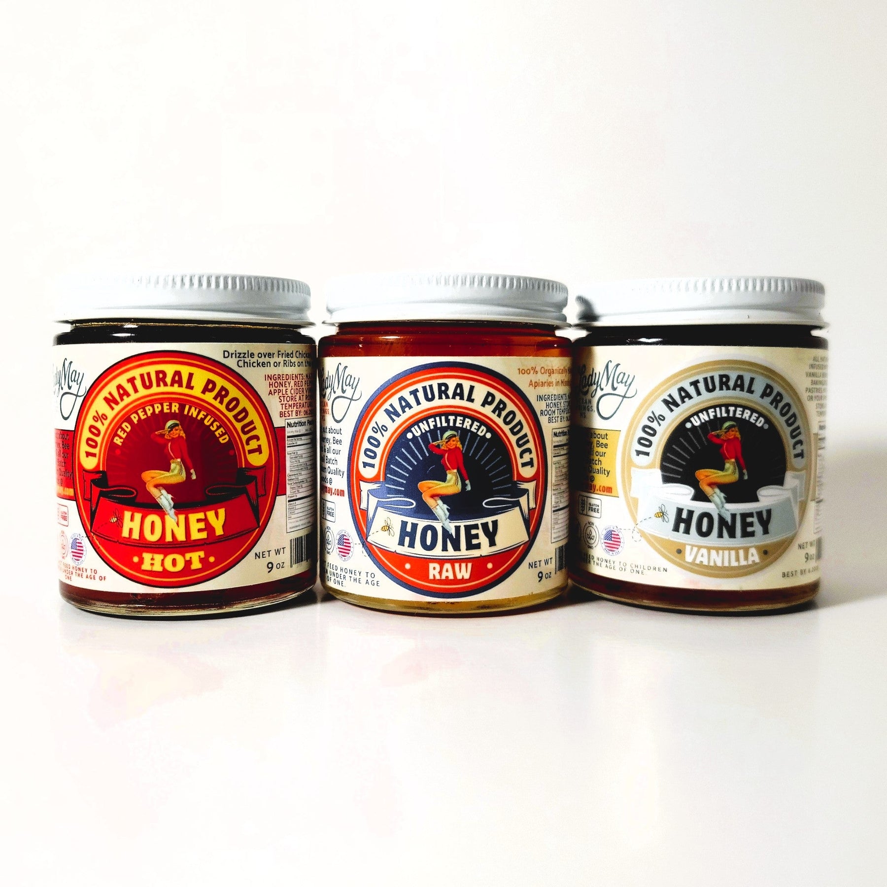Honey Trio 3-Pack Gift Set - Raw, Hot & Vanilla Honey | Small Batch Farm Grown | Lady May