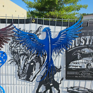 Sun-catching Phoenix steel wall art for indoor or outdoor display