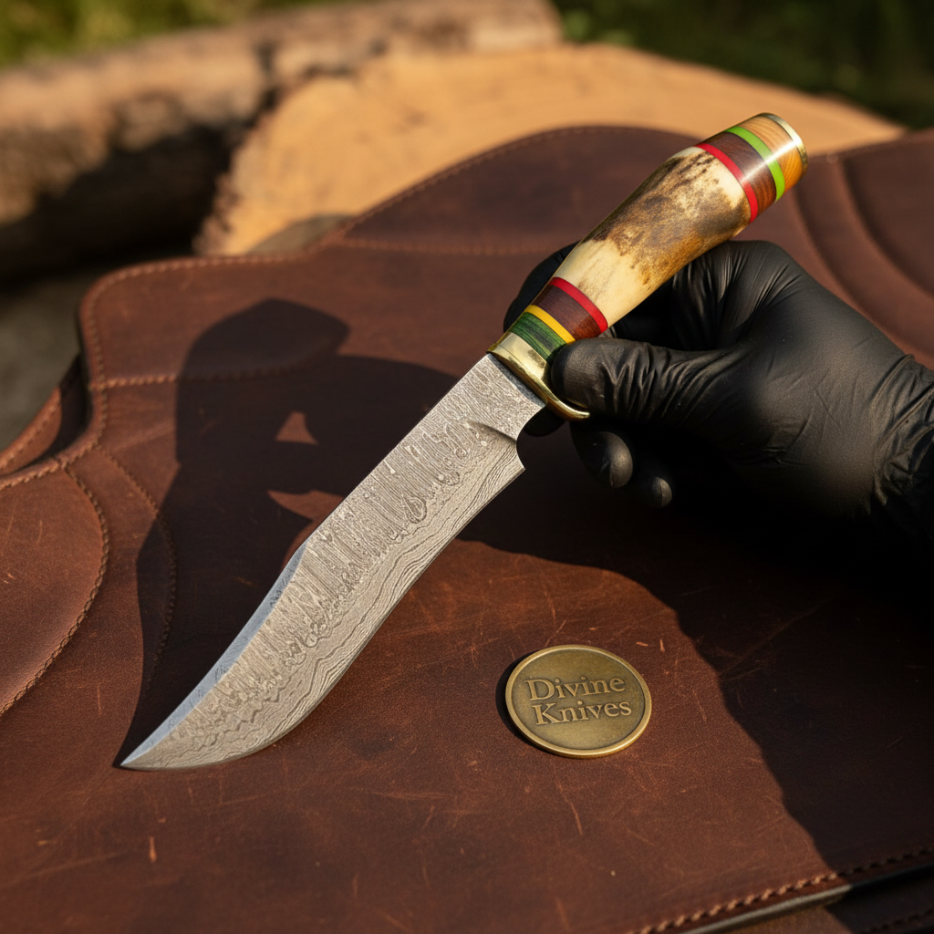 Antler Damascus Clip Point Bowie with Colorful Rings Handle by Divine Knives — product view 1
