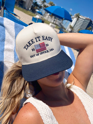 Take it Easy Navy Flag Vintage Trucker Hat by KenzKustomz, Southern lifestyle apparel detail photo 6