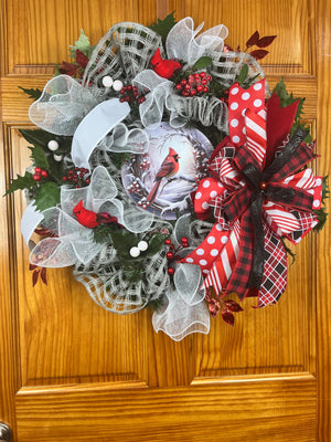 Cardinal Christmas Wreath | Red Plaid Winter Door Decor by Bouge Creations, view 3
