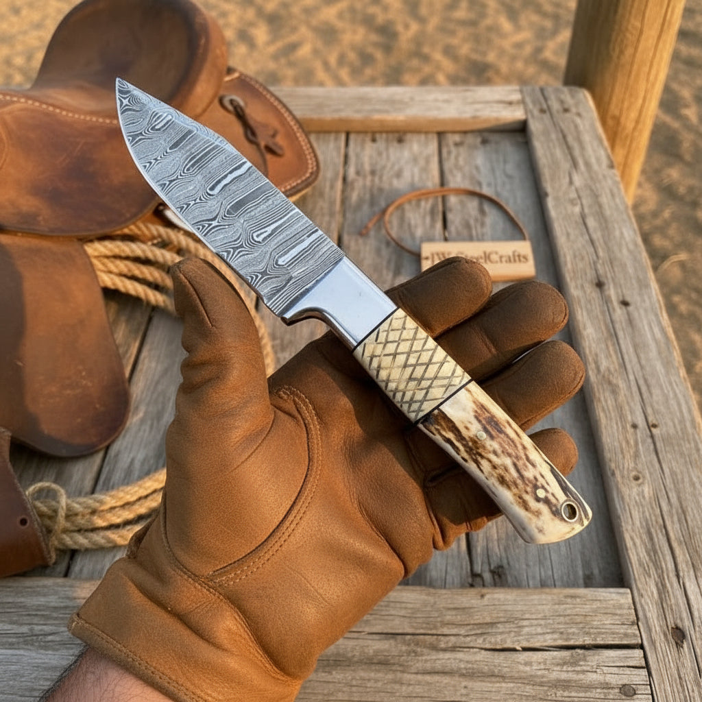 Frontier Stag Damascus Hunting Knife 9" Cross-Hatch by JW SteelCrafts