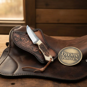 Stag Antler Patch Skinner Knife with Cross-Hatch Blade for Hunters and Outdoor Users
