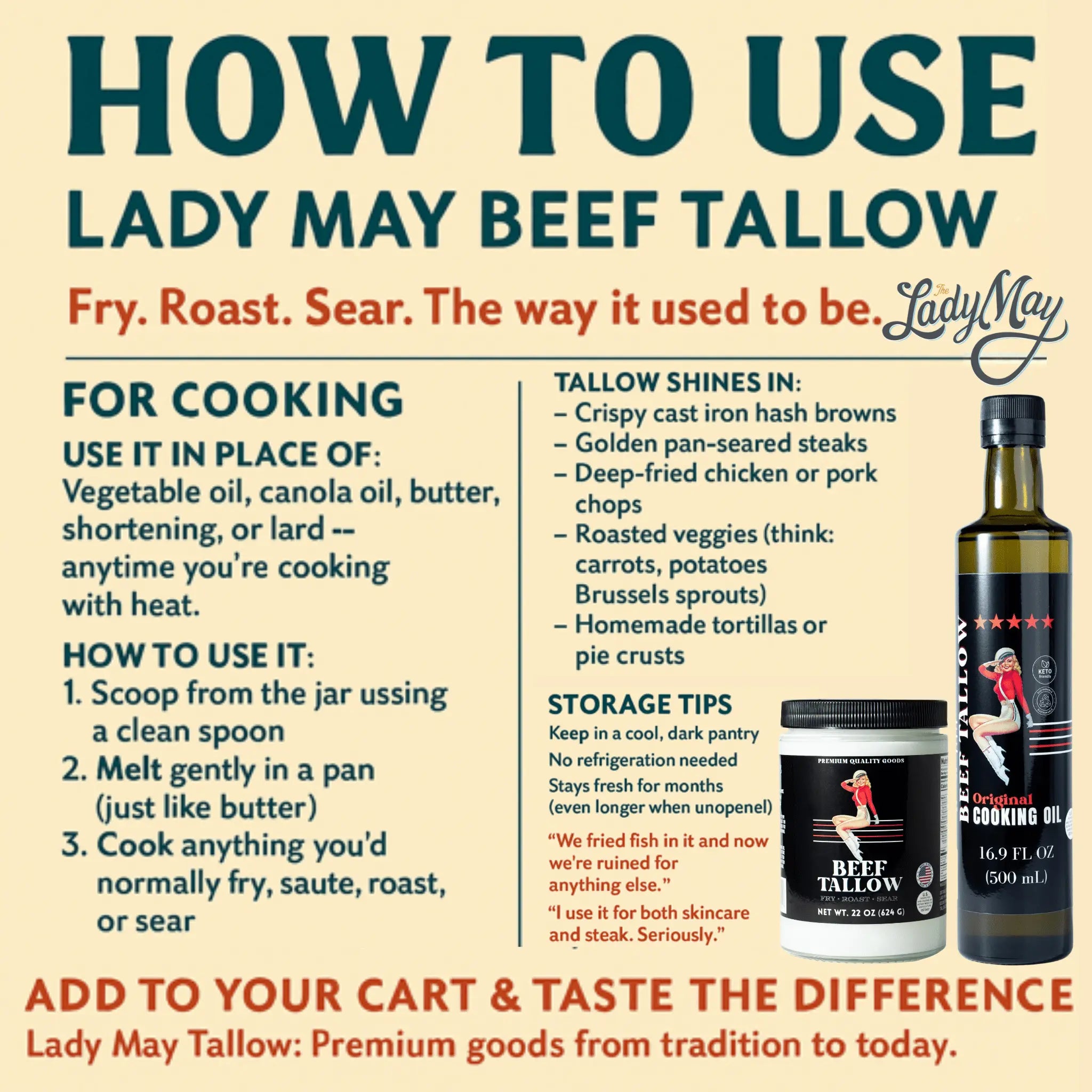 22oz Premium Grass-Fed Beef Tallow | Restaurant-Proven Cooking Fat | Seed Oil-Free The Lady May