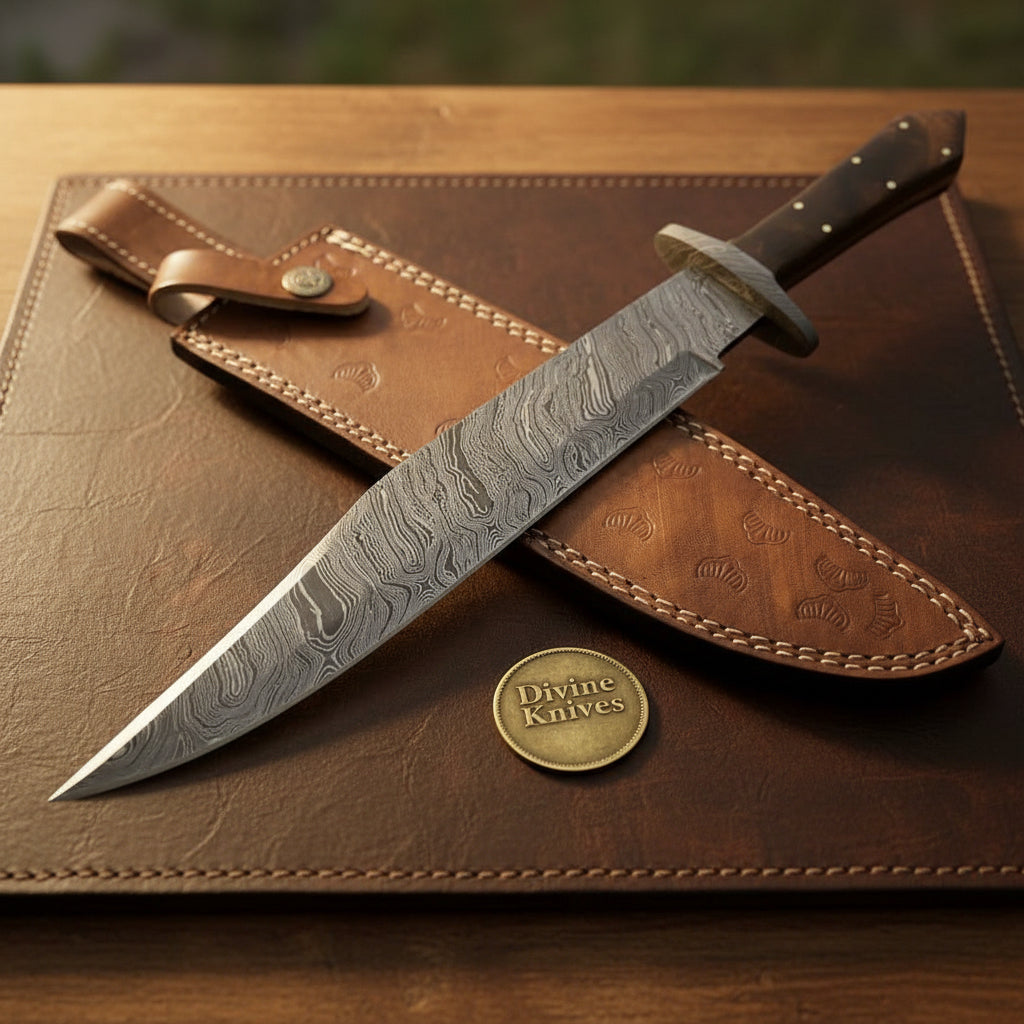 Coffin Handle Damascus Western Clip Point Bowie with Tapered Grip