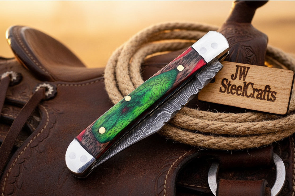 Forest Green Trail Trapper Knife Pakka Wood Damascus Steel folding Trapper Knife detail view by JW SteelCrafts