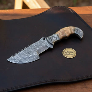 Sawback Tracker Bushcraft Knife with Olive Wood Handle & Leather Sheath
