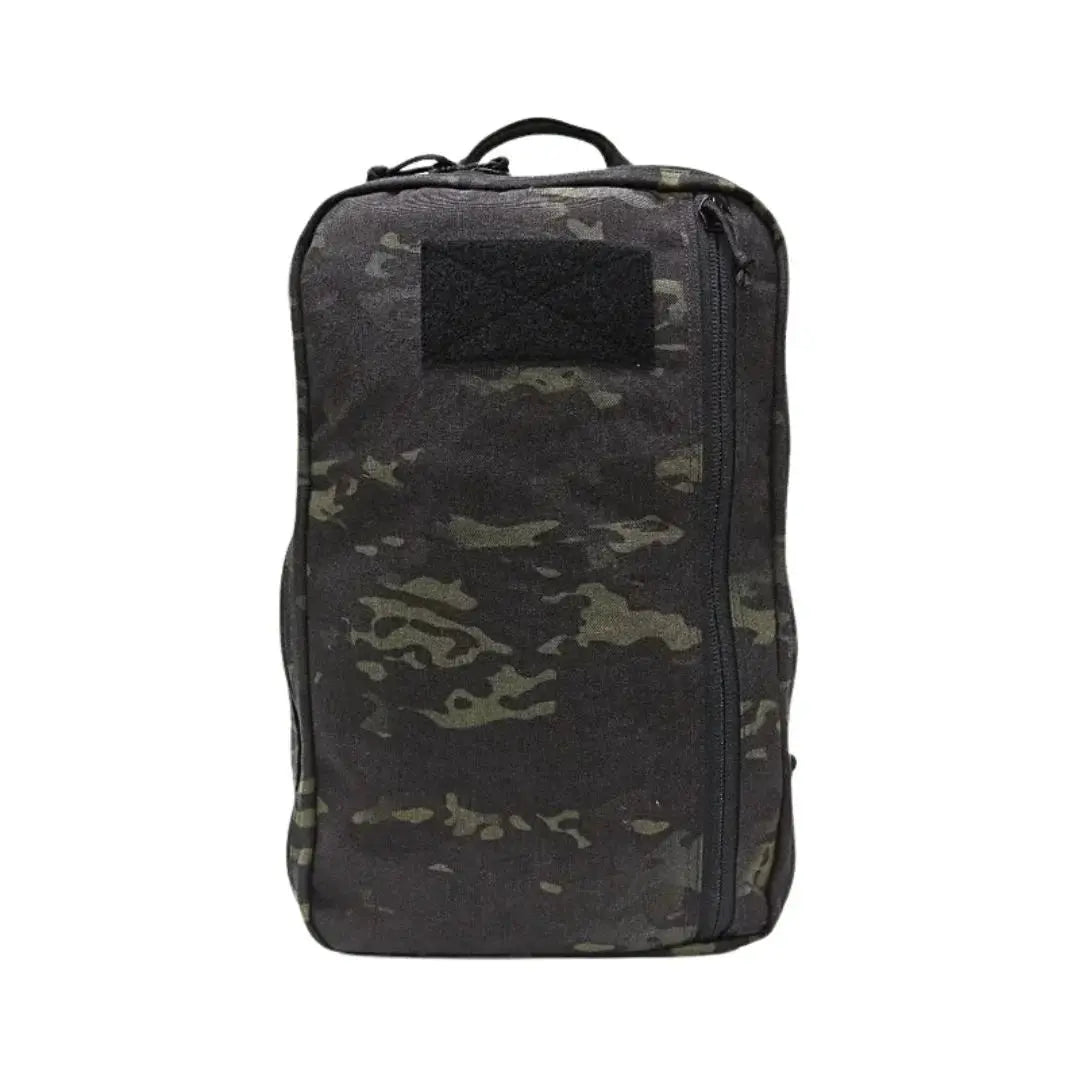Black camouflage backpack with a velcro patch and zipper.