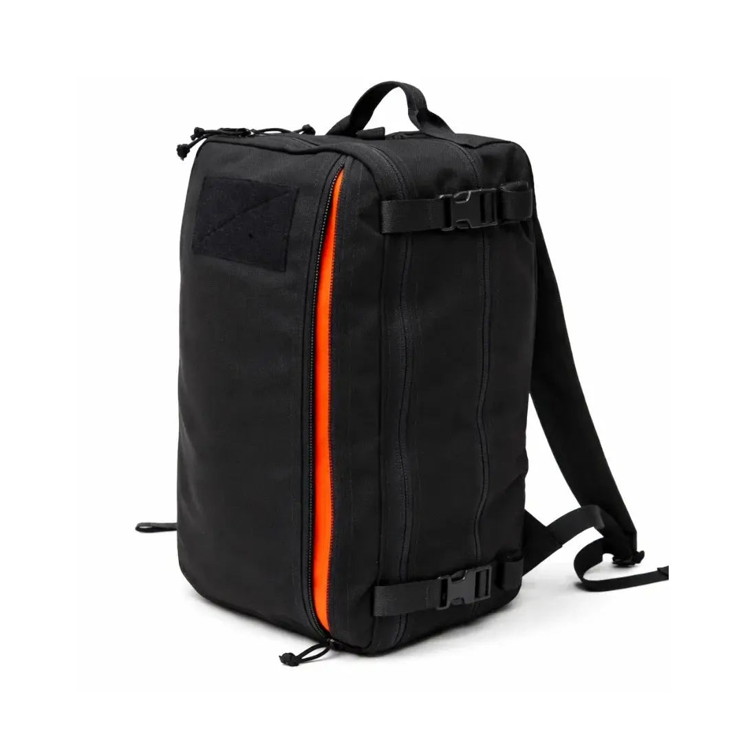 Black backpack with a bright orange zipper and black straps.