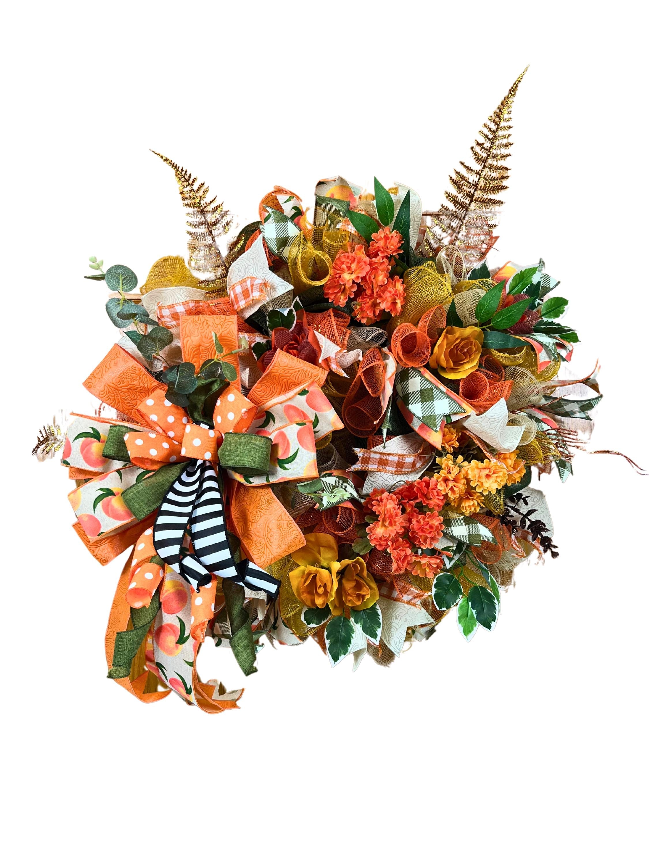Peach & Orange Fall Wreath | Polka Dot Bow Door Decor handmade by Bouge Creations