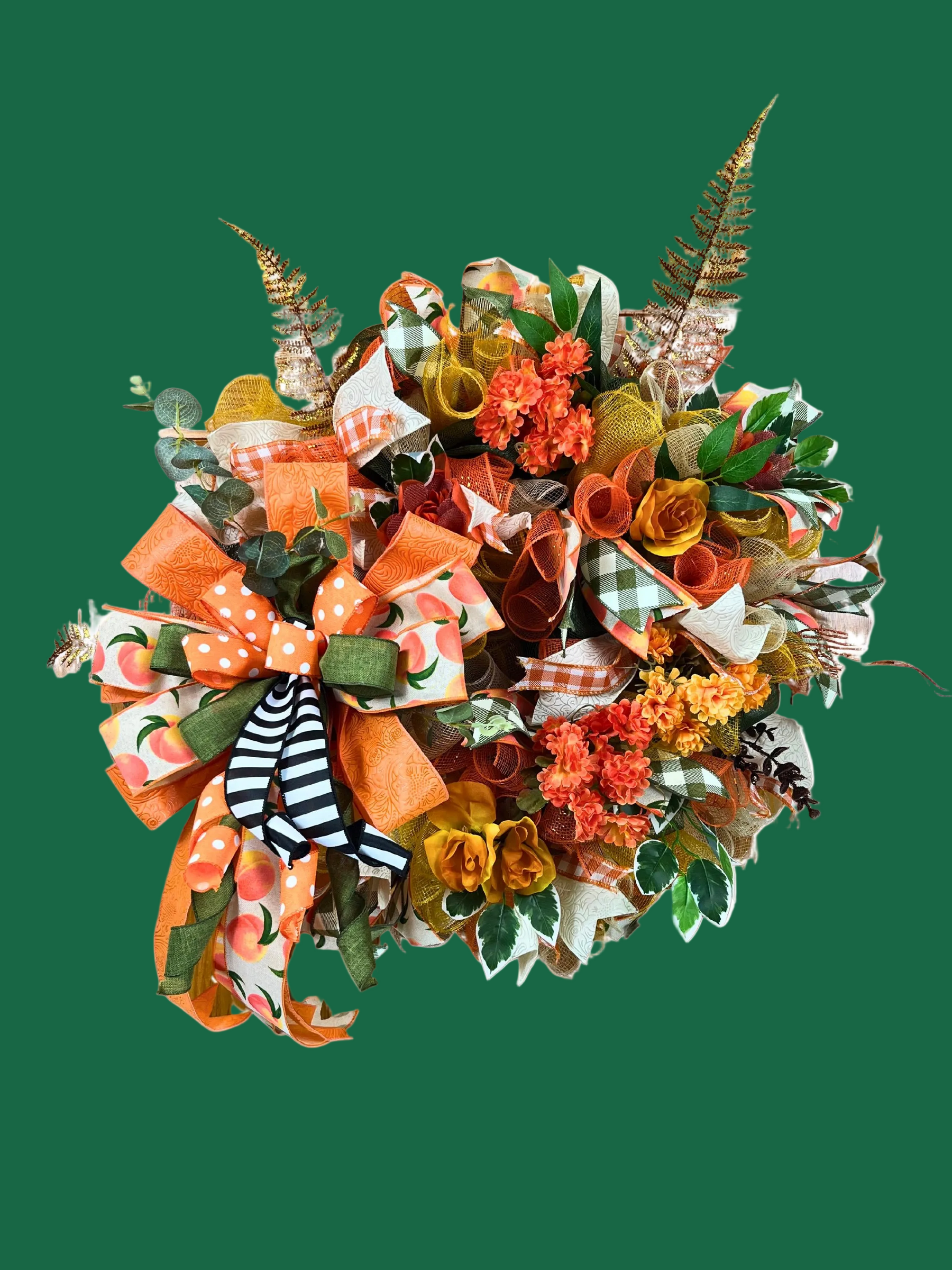 Peach & Orange Fall Wreath | Polka Dot Bows | Autumn Door Decor detail view by Bouge Creations