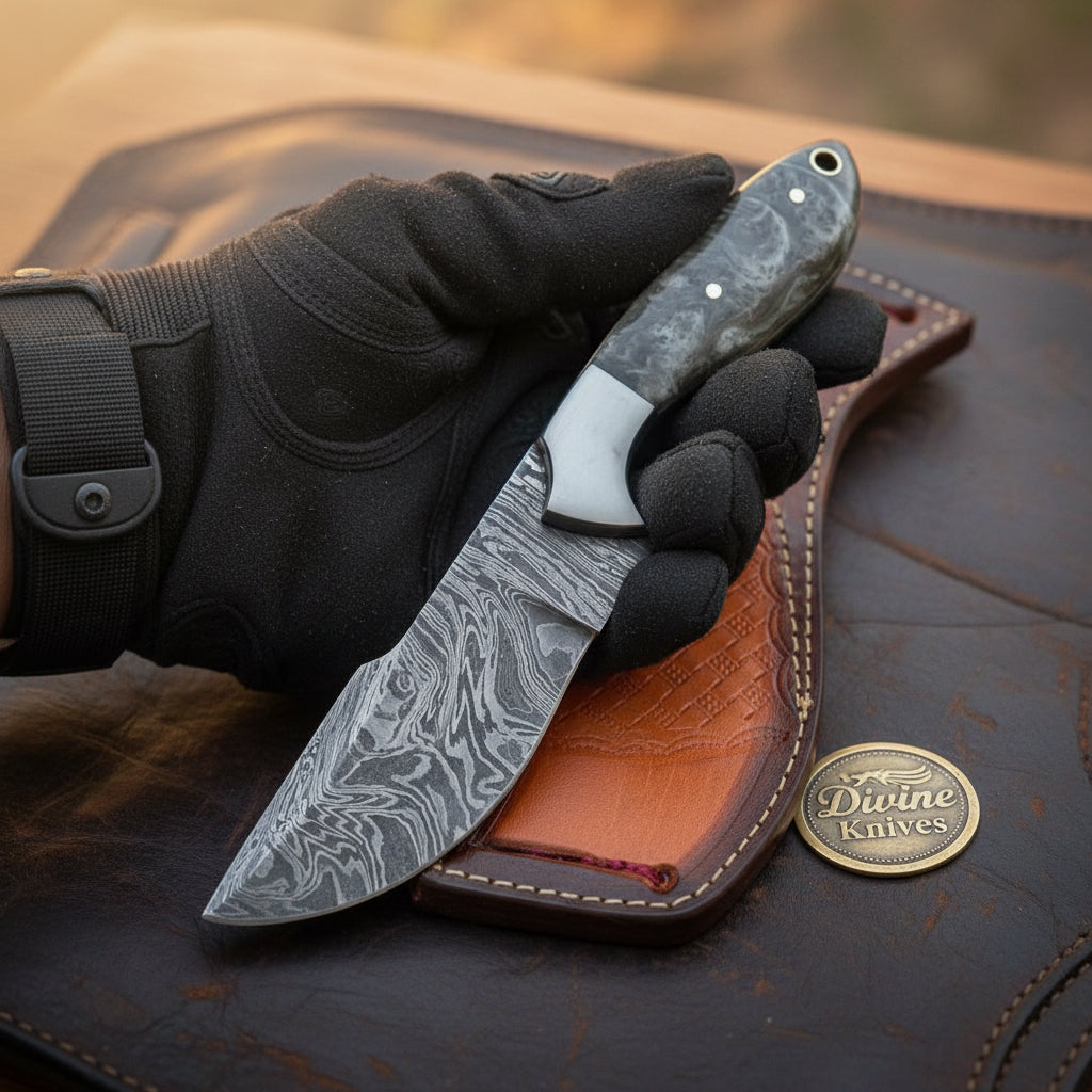 Damascus Charcoal Burl Resin Cowboy Knife by Divine Knives