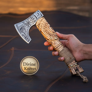 Norse Symbols Engraved Hatchet with Carved Wood Handle