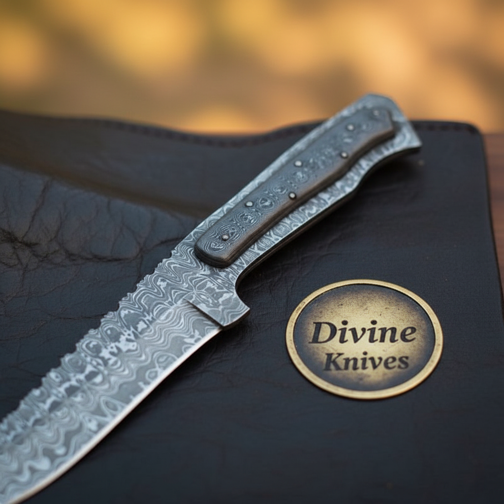 Integral Damascus Drop Point Knife with Dark Scales for Field Use