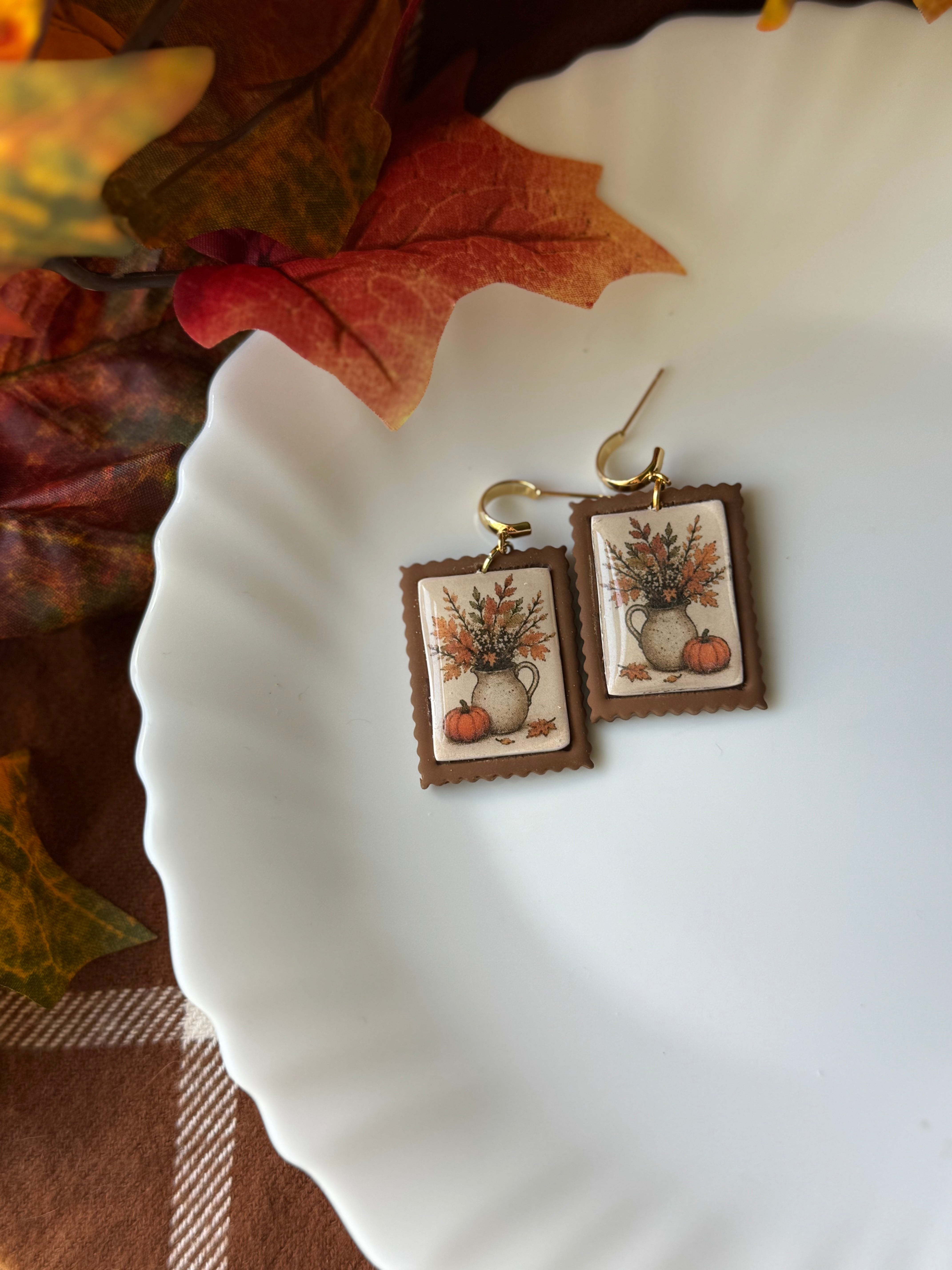 Autumn Floral Stamps handmade polymer clay earrings by Shop Something Earthy — view 1 of 2