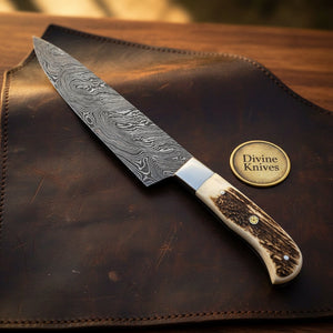 Stag Handle Chef Knife with Polished Steel Bolster and Hand Forged Layered Blade