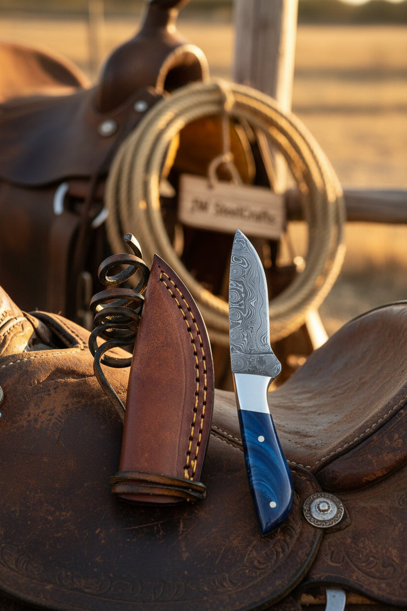 Cobalt Trail Caper Knife Damascus Blue Resin Handle by JW SteelCrafts — view 1 of 2