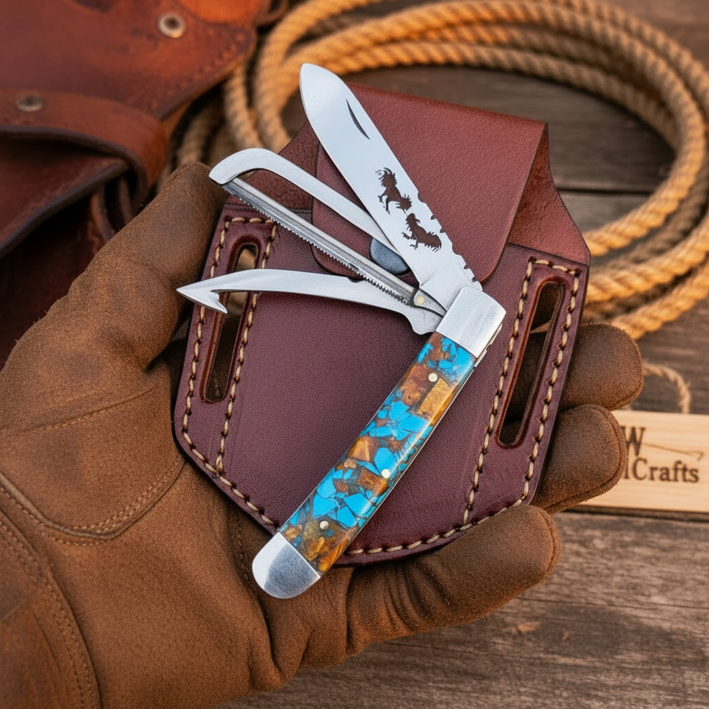 Turquoise Bronco Trapper Folder Knife 7" Handmade Slip Joint by JW SteelCrafts