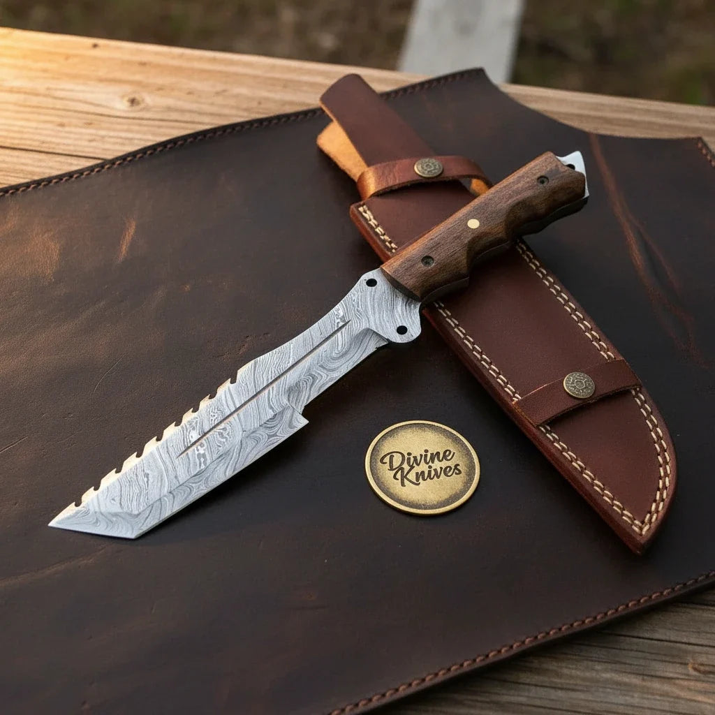 Sawback Reverse Tanto Knife with Twist Pattern Blade & Walnut Handle