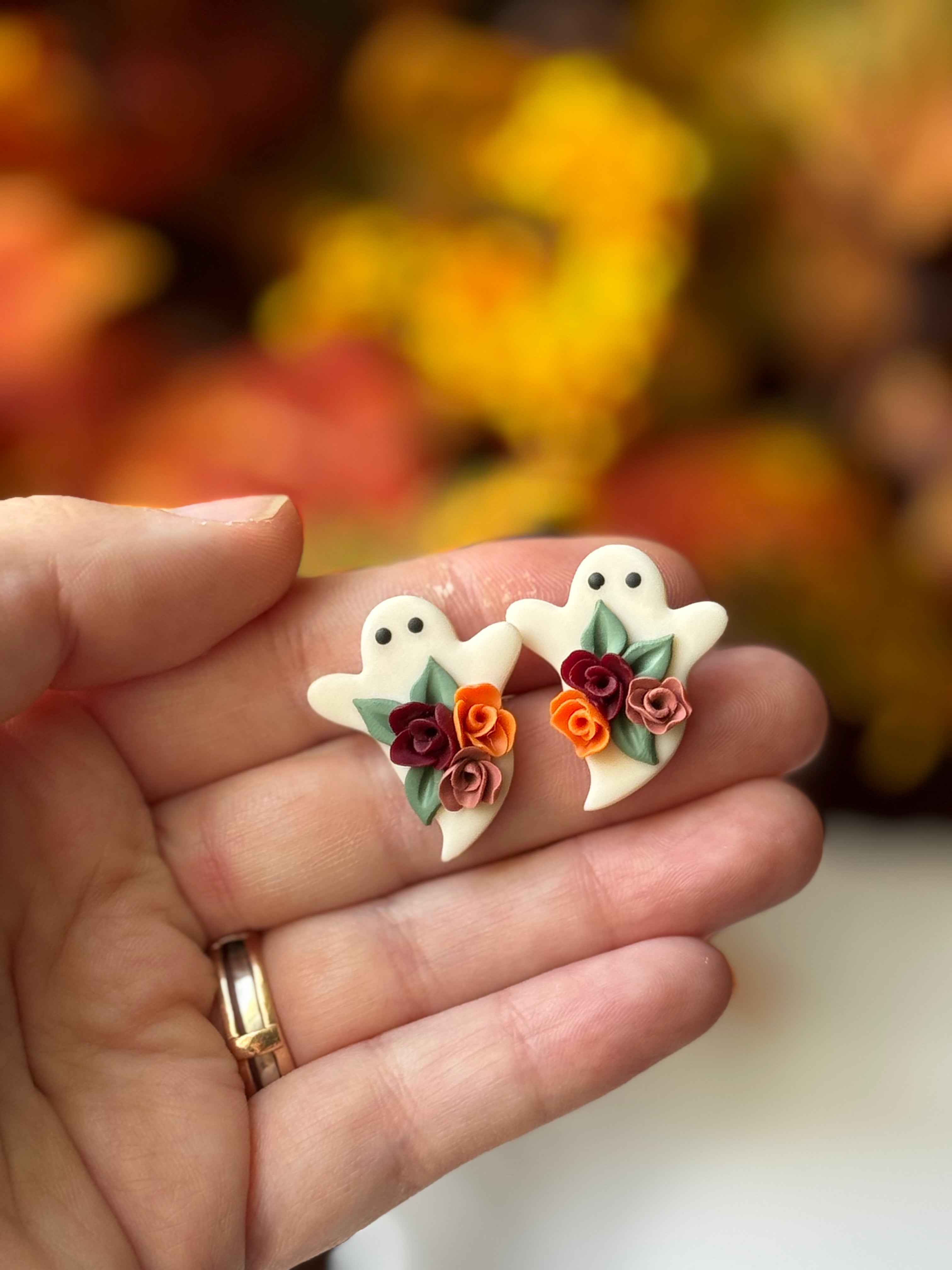 Floral Ghost Studs handmade polymer clay earrings by Shop Something Earthy — view 1 of 2