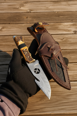 Antlerhook Field Knife Damascus Natural Stag Horn by JW SteelCrafts — view 2 of 2