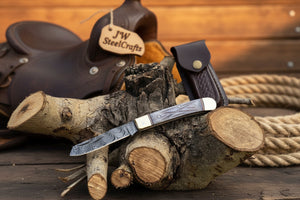 Damascus Steel Trapper Knife 4" with Bone Handle, Folding Pocket Knife detail view by JW SteelCrafts