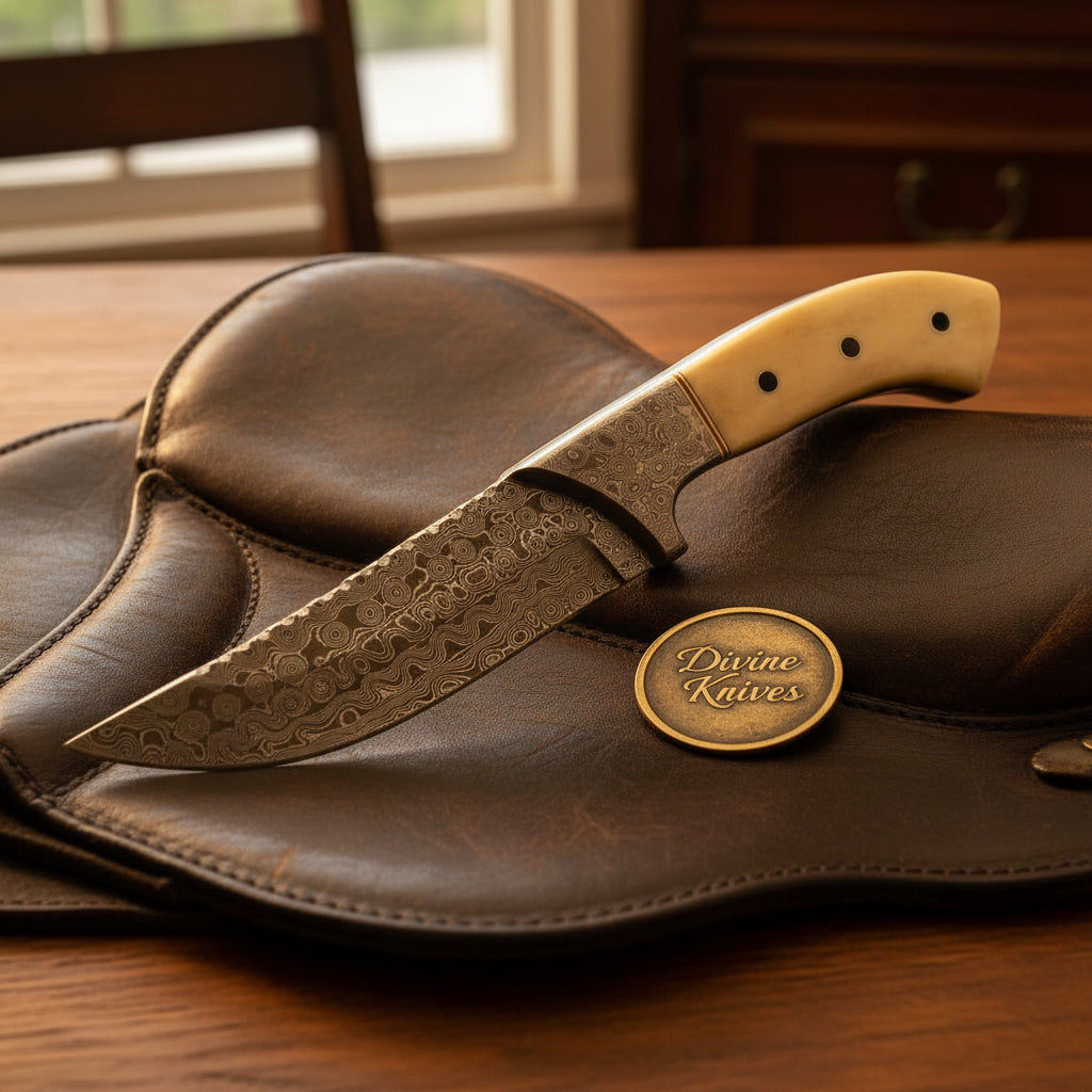 Cream Bone Handle Hunting Knife with Swirl Patterned Forged Drop Point Blade