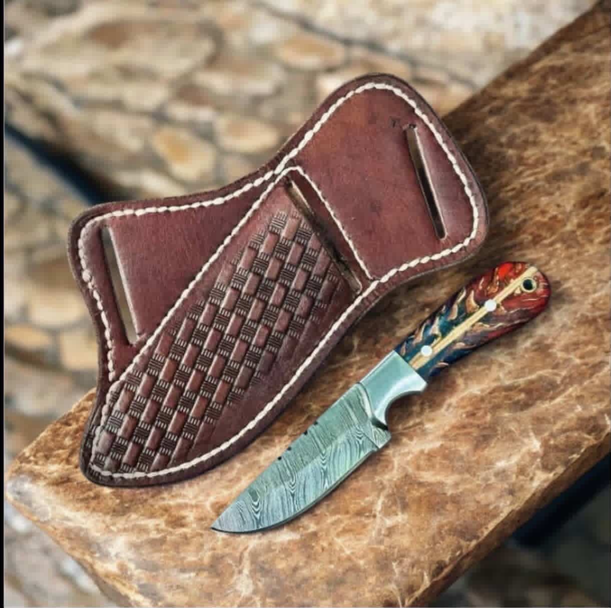 Damascus Green Pinecone Cowboy Knife with by Divine Knives