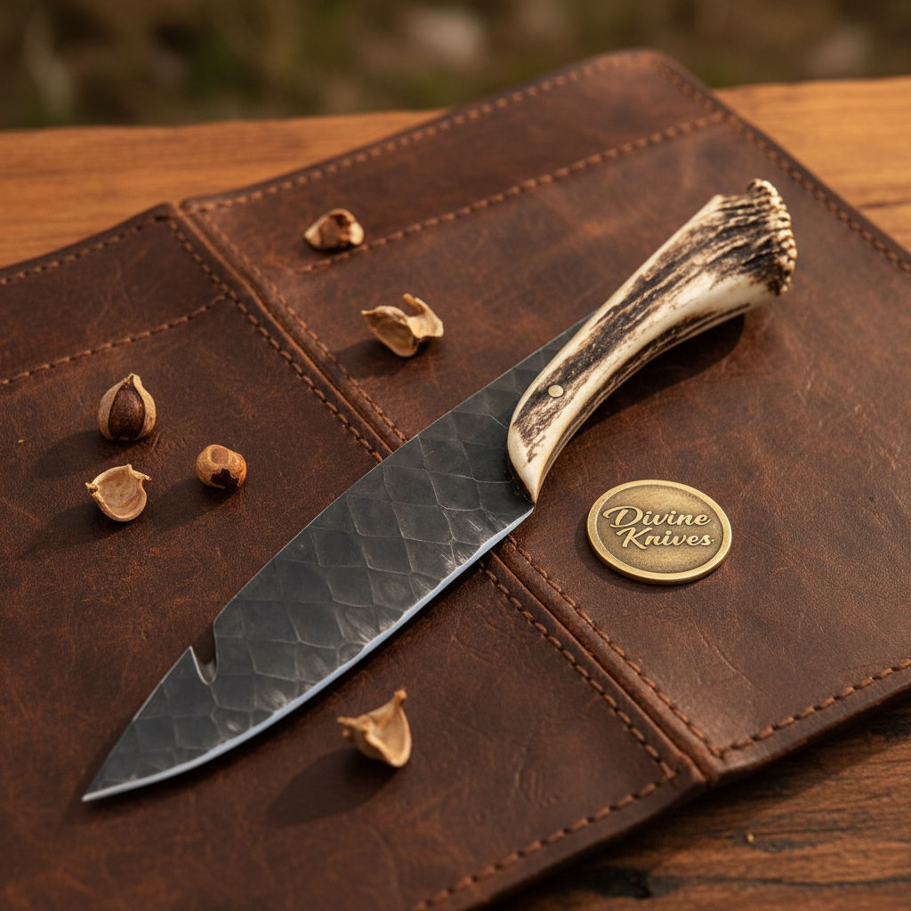 Hand Forged Field Dressing Knife with Blackened Carbon Steel Blade and Stag Crown Grip by Divine Knives — product view 1