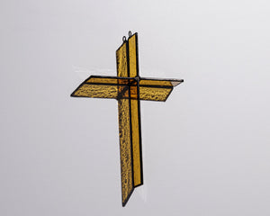 Alternate view of Classic Amber Cross Suncatcher with real stained glass and black patina