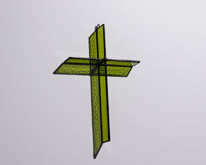 Alternate view of Bottle Green Cross Suncatcher with real stained glass and black patina