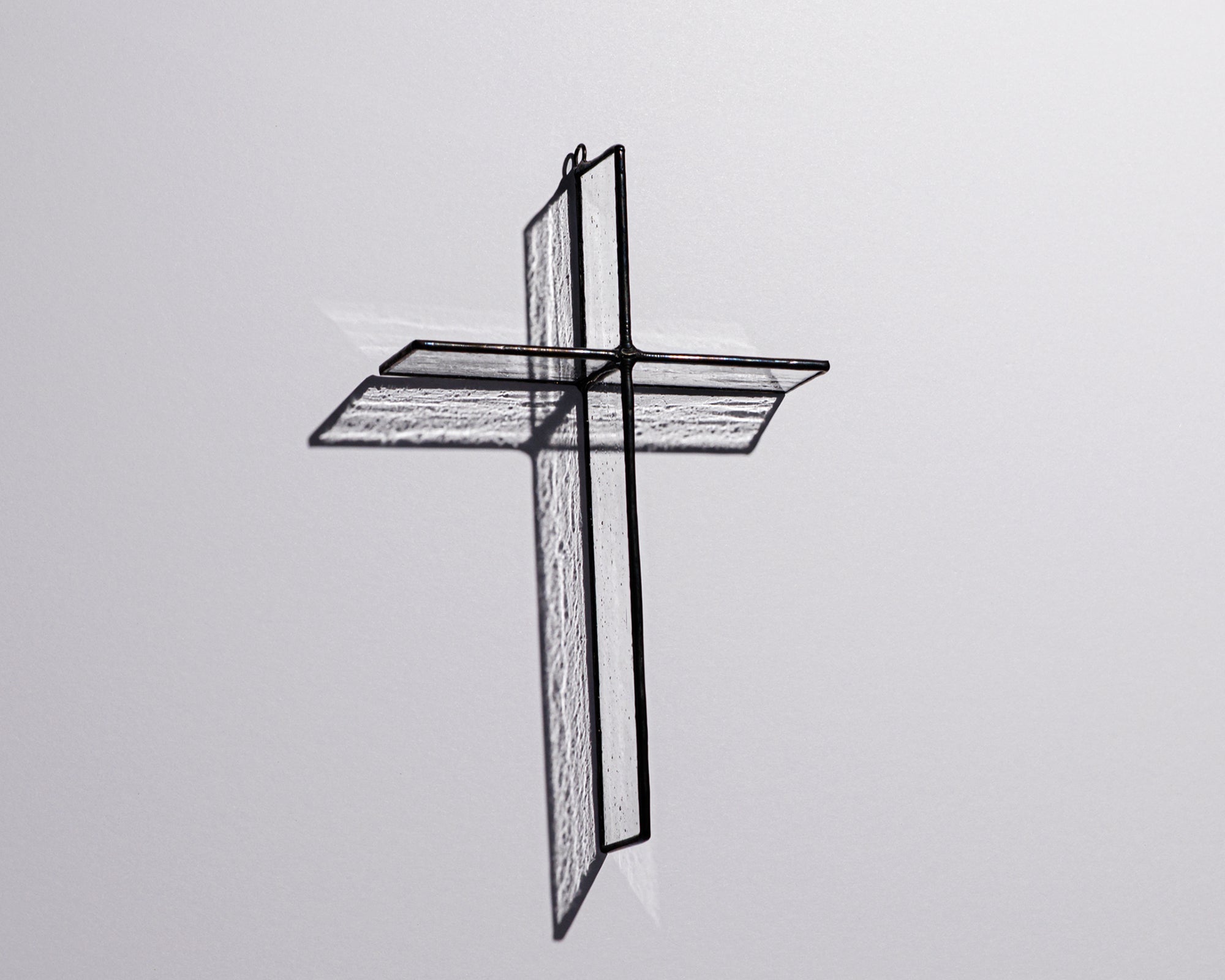 Alternate view of Antique Clear Cross Suncatcher with real stained glass and black patina
