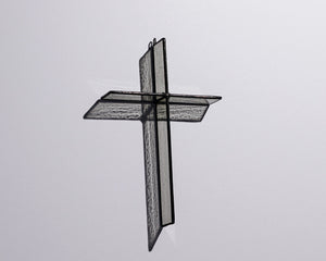 Alternate view of Cloud Grey Cross Suncatcher with real stained glass and black patina