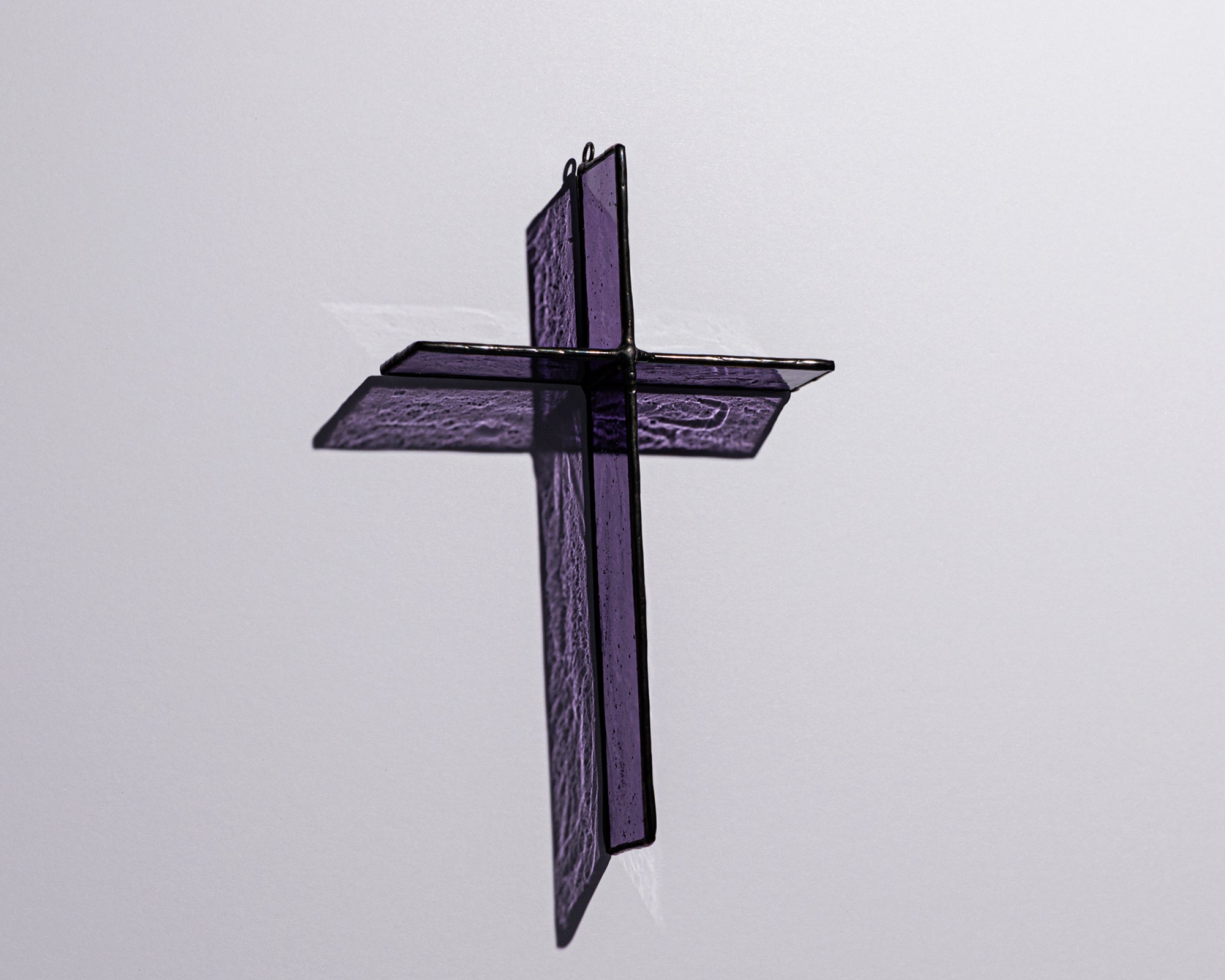 Alternate view of Evening Plum Cross Suncatcher with real stained glass and black patina