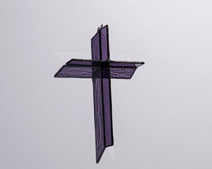 Alternate view of Evening Plum Cross Suncatcher with real stained glass and black patina