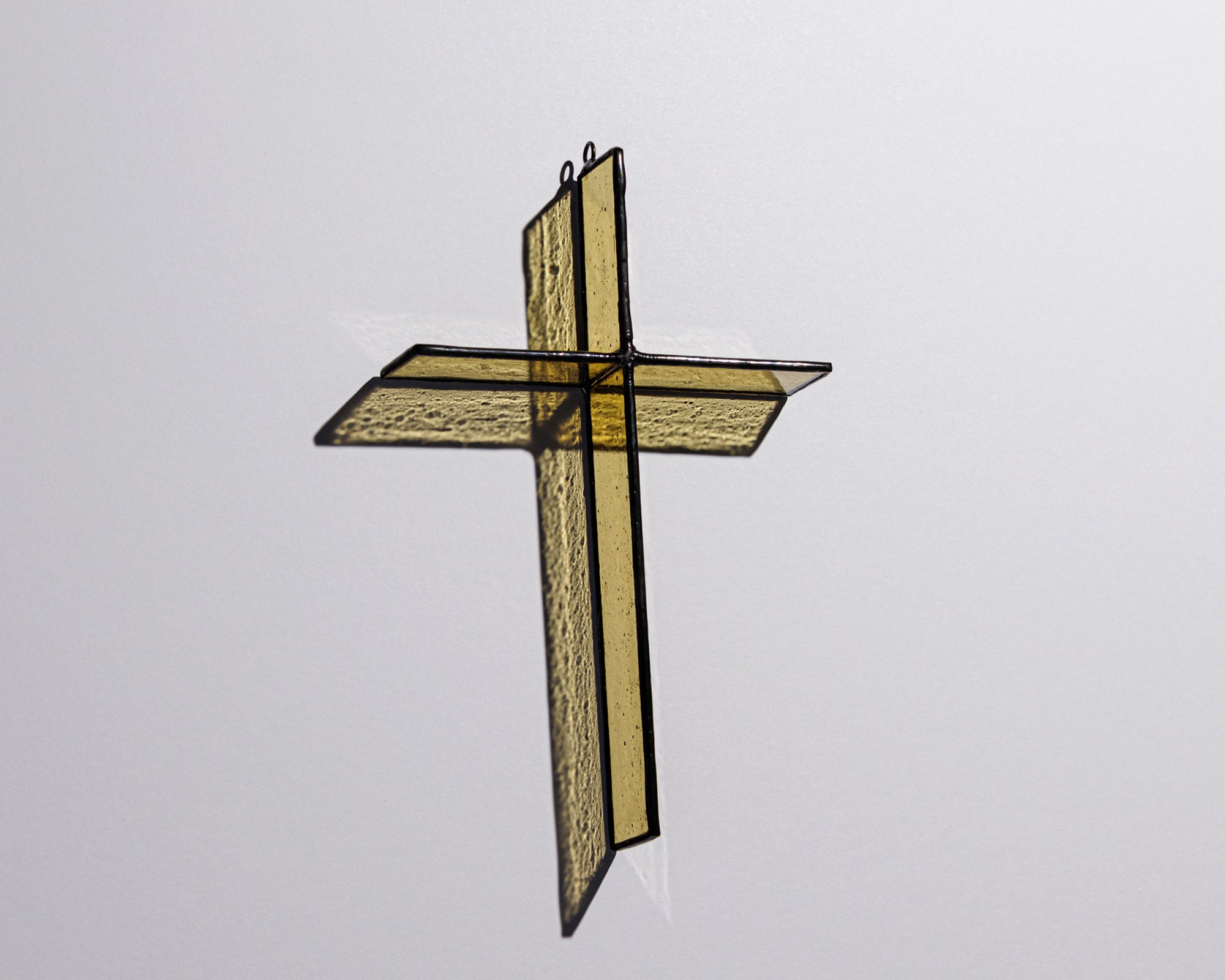 Alternate view of Summer Gold Cross Suncatcher with real stained glass and black patina