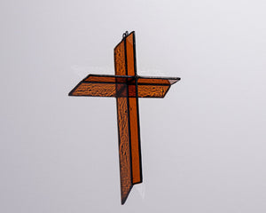 Alternate view of Harvest Orange Cross Suncatcher with real stained glass and black patina