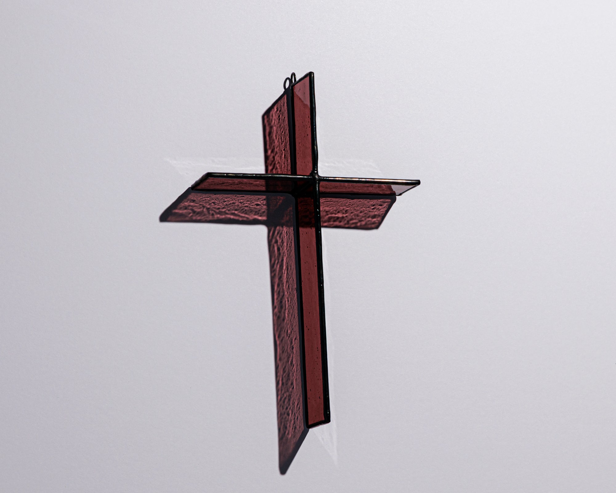 Alternate view of Red Mulberry Cross Suncatcher with real stained glass and black patina